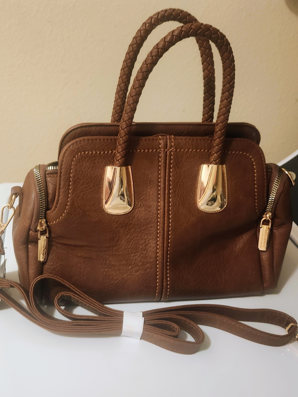 Brown Leather Satchel Handbag with Gold Hardware